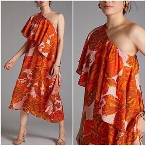 Tracy Reese Silky Ruffled One-Shoulder Floral Midi Dress Orange Red Pink Small